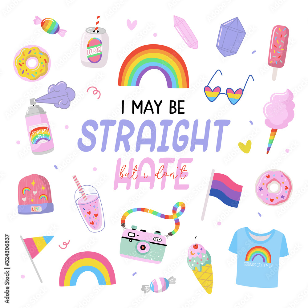 LGBTQ pride print with equality symbols and lovely typography. Vector hand drawn illustrations and lettering. LGBTQ pride print with equality symbols and lovely typography. Vector hand drawn illustrations and lettering.