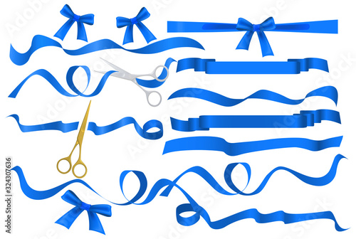 Metal chrome and golden scissors cutting azure blue silk ribbon. Realistic opening ceremony symbols Tapes ribbons and scissors set. Grand opening inauguration event public ceremony photo