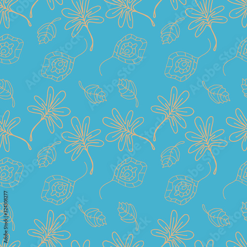 vector illustration seamless pattern beige leaves on a blue background useful for textile, wrapping paper