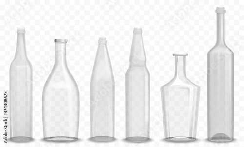 Realistic glass empty bottle in various design set vectro illustration