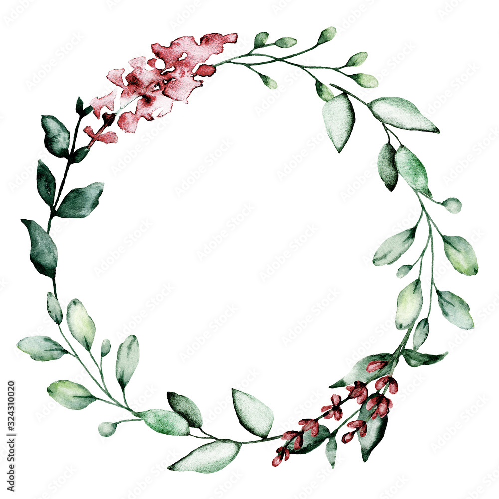 Wreath with watercolor flowers and leaf, floral frame for greeting card ...