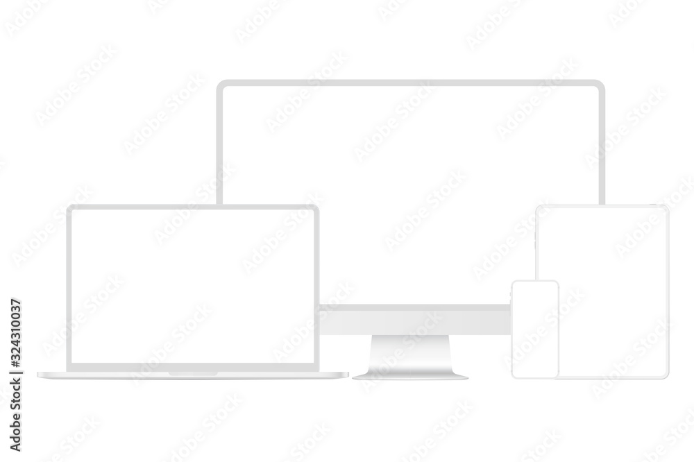New version of soft white modern premium electronic devices set mockup. Computer, laptop, pad tablet and smartphone realistic high quality vector illustration New version of soft white modern premium electronic devices set mockup. Computer, laptop, pad tablet and smartphone realistic high quality vector illustration