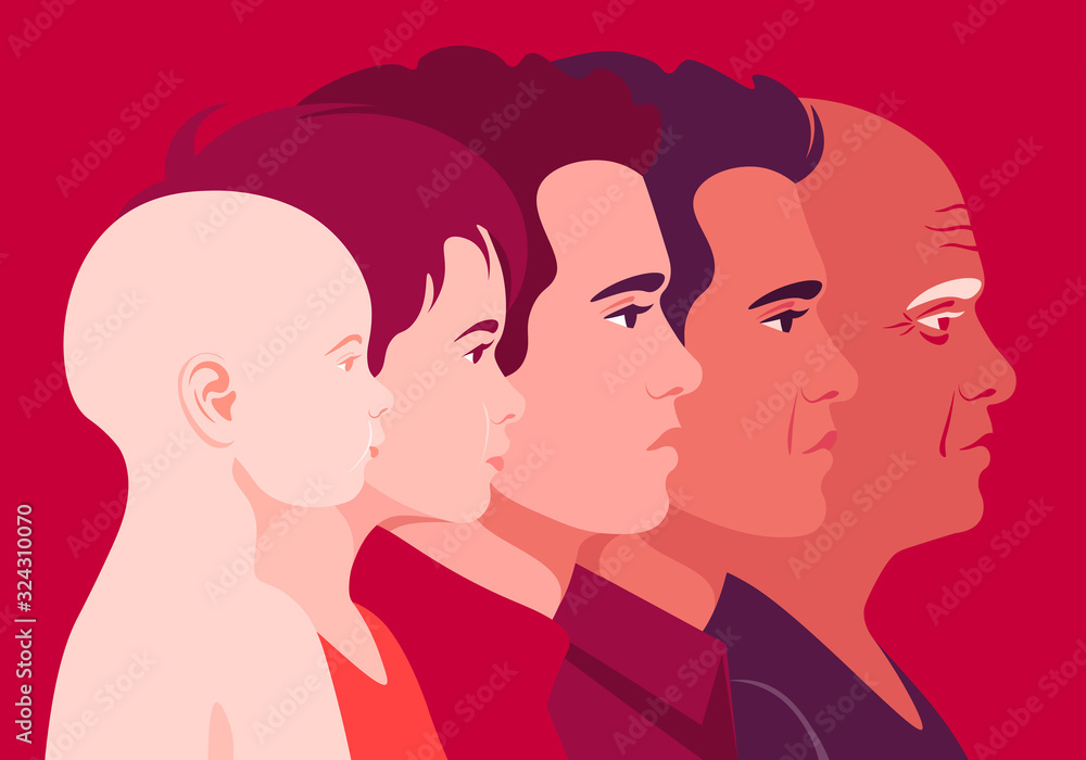 The head of a man of different ages in profile. Child and adult face side view. Childhood, youth and old age. Vector flat illustration