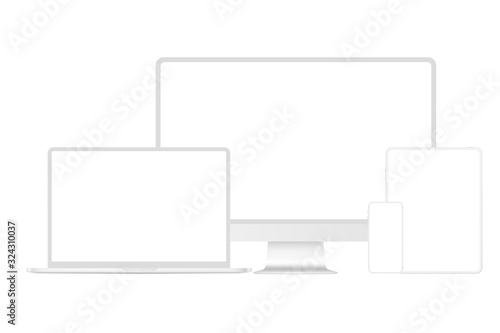 New version of soft white modern premium electronic devices set mockup. Computer, laptop, pad tablet and smartphone realistic high quality vector illustration