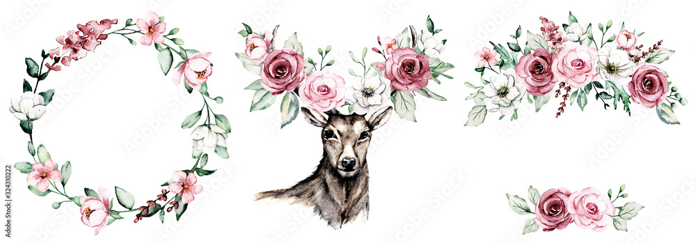 Obraz Wreaths with watercolor flowers, floral set frame with pink roses and deer for greeting card, invitation, wedding print and other printing design. Isolated on white. Hand drawing.