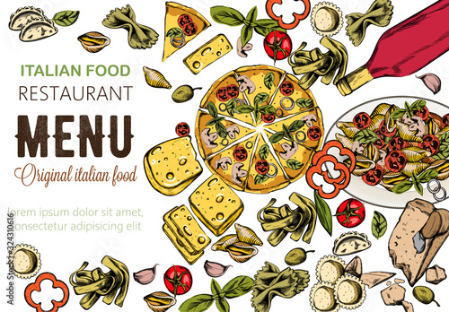 Line art food composition with delicious pizza, pasta with tomatoes, cheese and red wine. Italian restaurant menu template. Vector