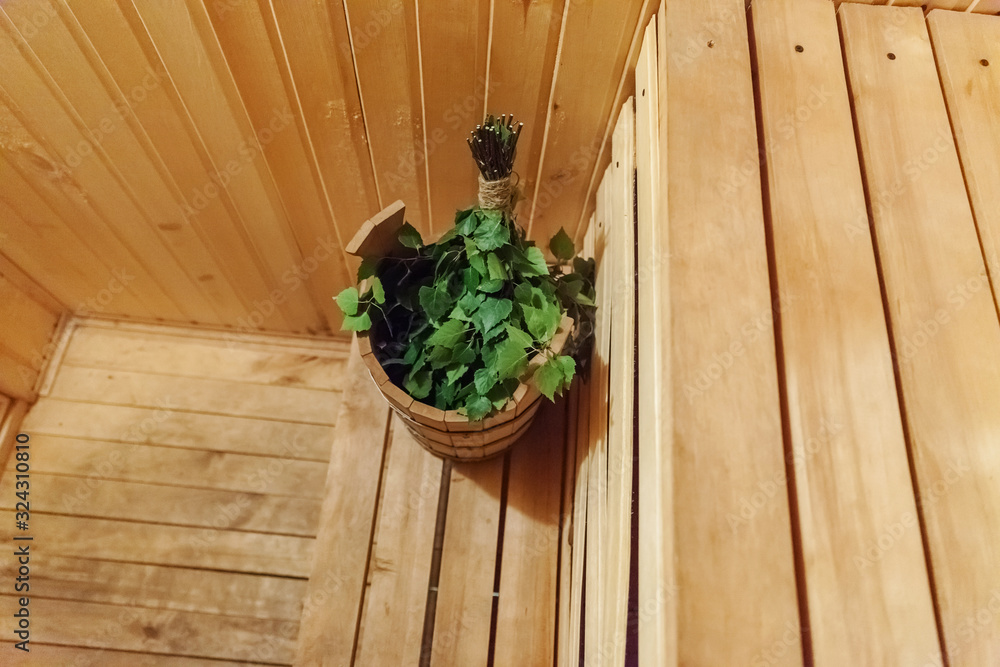 Image showcasing Interior details Finnish sauna steam room bathhouse with traditional ...