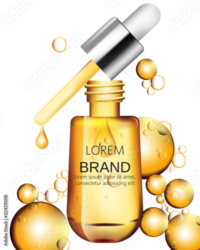 Serum oil golden bottle with yellow drops. Place for brand or text. Product placement. Label design package. Vector