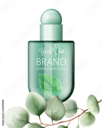 Organic green tea with mint leaves in a transparent bottle. Product placement...
