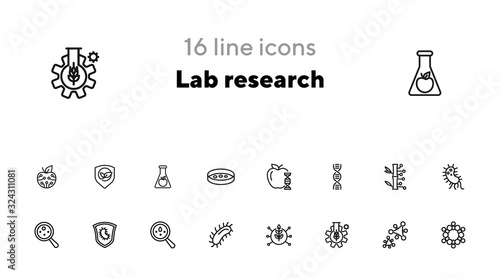 Lab research line icon set. Food, dna, bacteria. Science concept. Can be used for topics like genetics, microbiology, laboratory