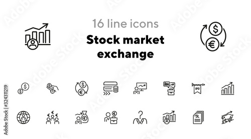 Stock market exchange line icon set. Growth chart, trader, investor, portfolio. Finance concept. Can be used for topics like analysis, investment, head hunting, trade