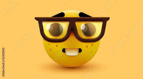 Nerd face emoji, clever emoticon with glasses. Geek or student.