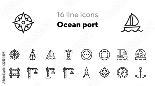 Ocean port icons. Set of line icons. Anchor, compass, cruise. Nautics concept. Vector illustration can be used for topics like seamanship, nautics