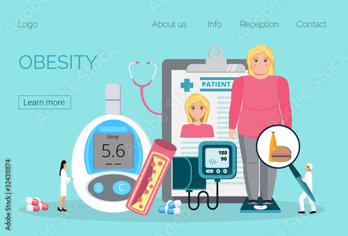 Obesity concept vector. Obsessive woman eats unhealthy food. Diabetes, atherosclerosis, hypertension, heart disease risk are complications in cartoon style. Fat blonde girl