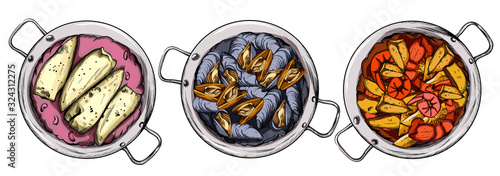 Set of saucepans with bean and fish dish, mussels and seafood soup. Spanish cuisine. Line art Vector