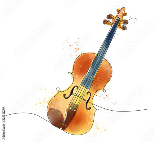 disegno a singola linea continua di violino colorato con tecnica ad acquarello photo