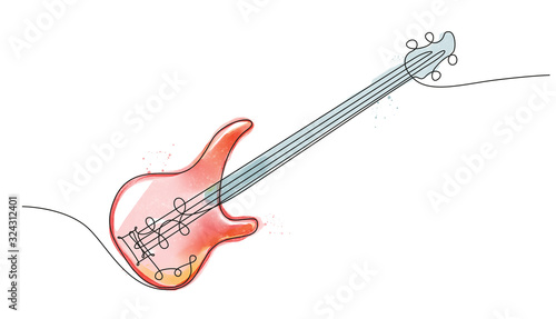 Illustrazione di una chitarra basso, disegnata a singola linea continua, colorata con tecnica ad acquarello su sfondo bianco