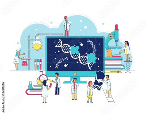 Genetic research laboratory of bitechnology, scientists study gene dna, biochemical lab interior flat vector illustration. Experiment of genetical research and highly technological equipment, science