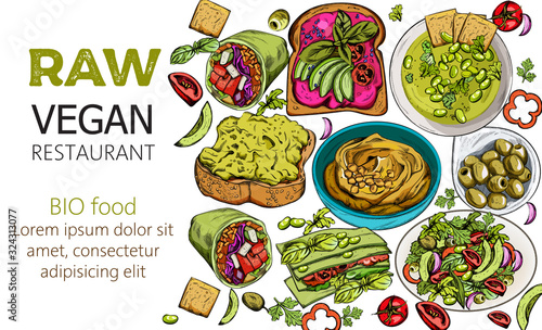 Organic set of raw vegan food. Hummus, beat and avocado toast, rolls, olives, lasagna, salad. Menu template. Line art. Place for text. Vector