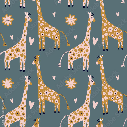 Giraffe flowers skin print, jungle vector seamless pattern, baby funny illustration in scandinavian style for kids, safari Africa wild animals texture, cute little cartoon characters