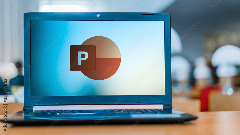 Laptop computer displaying logo of Microsoft PowerPoint Stock Photo ...