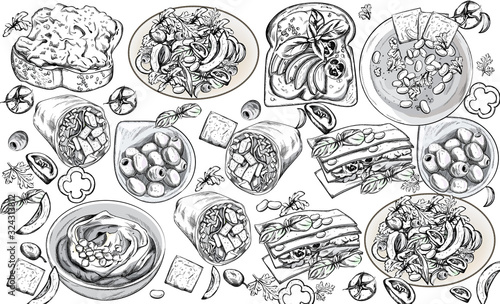 Organic set of raw vegan food. Hummus, beat and avocado toast, rolls, olives, lasagna, salad. Menu template. Line art sketch style. Place for text. Vector