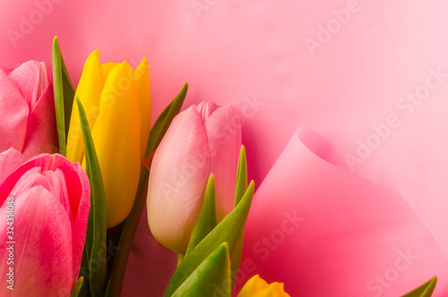 Fototapeta Naklejka Na Ścianę i Meble -  Background for a greeting card - a bouquet of fresh pink and yellow tulips