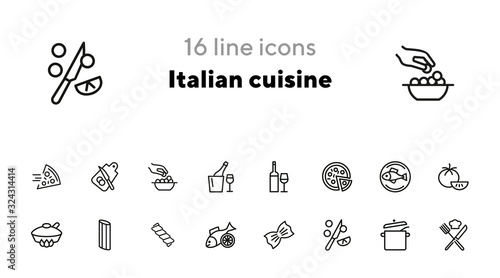Italian cuisine line icon set. Wine, pizza, salmon. Food concept. Can be used for topics like healthy diet, restaurant menu, dinner, cooking