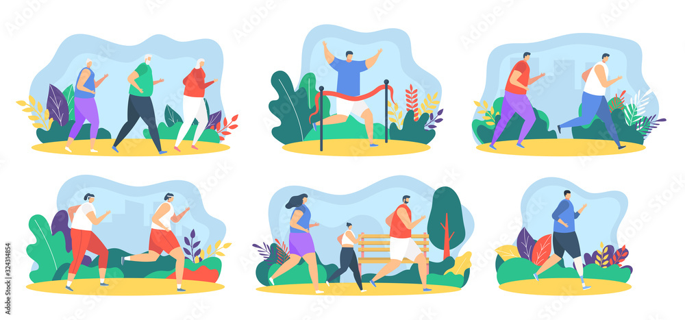 Runner people jogging healthy athletes characters, sport set flat vector illustration. Men, women running marathon race, eldery people. People runners training to competition isolated design elements. Runner people jogging healthy athletes characters, sport set flat vector illustration. Men, women running marathon race, eldery people. People runners training to competition isolated design elements.