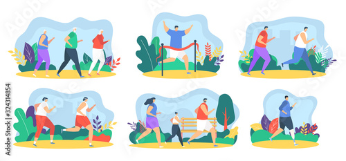 Runner people jogging healthy athletes characters, sport set flat vector illustration. Men, women running marathon race, eldery people. People runners training to competition isolated design elements.