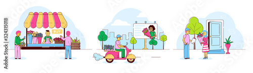 Shops flowers delivery from market florist store to door artline set vector illustration. Flowers bouquet delievered by biker deliverman to beautiful woman. Florists delivering city service.