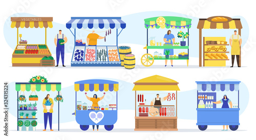 Street shops stall market, vendor booths and farm market food counters vector flat cartoon icons set, vector illustration. Vegetables, fish store, bakery kiosk and meat shop street fair marketing.