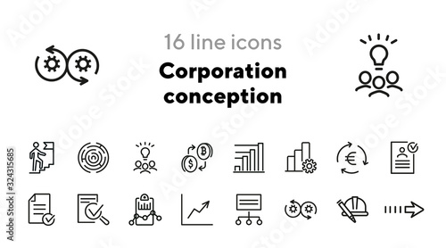 Corporation conception icons. Agile management, bitcoin exchange, brainstorming. Business concept. Vector illustration for topics like business process, finance, professional skill, career development