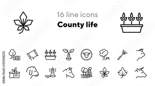 County life line icon set. Cow, pig, field, tree. Country concept. Can be used for topics like farming, village, agriculture