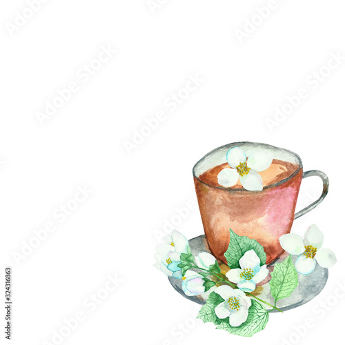 Watercolor hand painted nature drink composition with glass cup with black tea and white blossom jasmine flowers and green leaves on the white background for invite and greeting cards