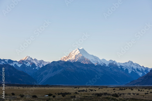 New Zealand, Oceania, South Island, Canterbury, Ben Ohau, Southern Alps (New Zealand Alps), Mount Cook National Park, Aoraki / Mount Cook covered with snow photo