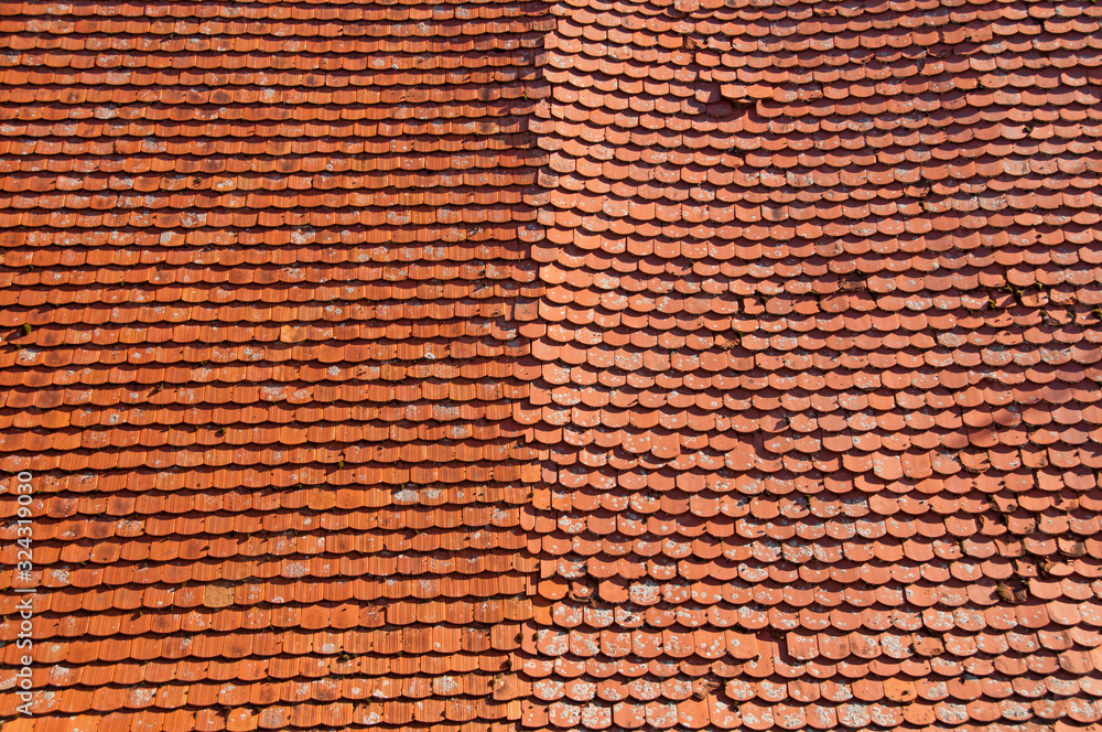 Part of an old roof with beaver tail tiles Part of an old roof with beaver tail tiles