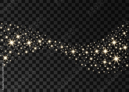 Glitter stream of sparkles. Stars dust wave abstract background. Realistic light effects on ransparent background. Christmas luxury background