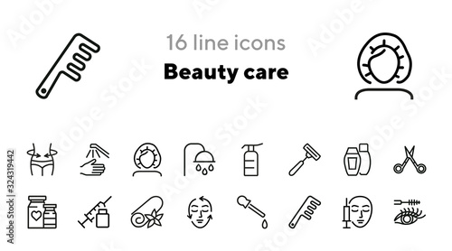 Beauty care line icon set. Shower, shampoo, injection, mascara. Beauty concept. Can be used for topics like makeup, beauty salon, spa