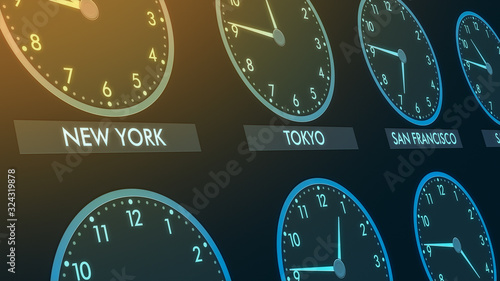 close up view of a wall of clocks with time of different cities (3d render)