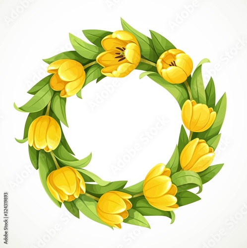 Wreath of yellow tulip flowers isolated on white background