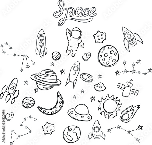 Doodle space  planets  stars vector isolated set on white background. Concept for print  cards  logo  icon 