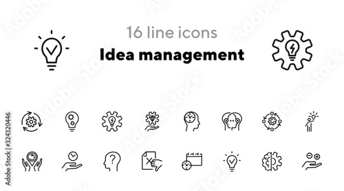 Idea management line icon set. Set of line icons on white background. Research concept. Idea, brain, person. Vector illustration can be used for topics like business, research, investment