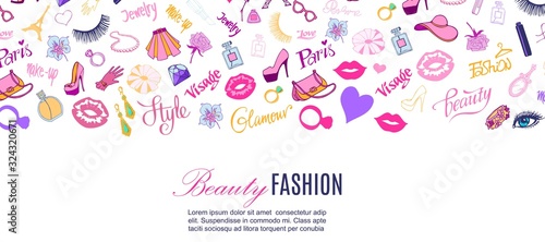 Beauty shop and fashion vector illustration. Glamour, stylish cloths, accessories for ladies, cosmetics, body care, paris typography banner. Modern concepts for beauty shop poster or web banner.