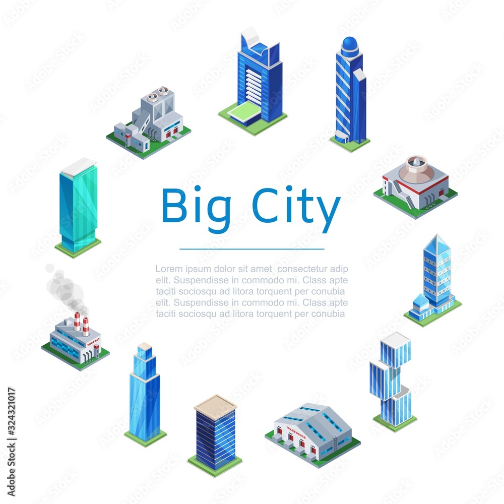 Obraz premium Set of 3d isometric skyscrapers, big city houses and tall buildings icons isolated on white for map building, vector illustration. Real estate concept. Big city poster.