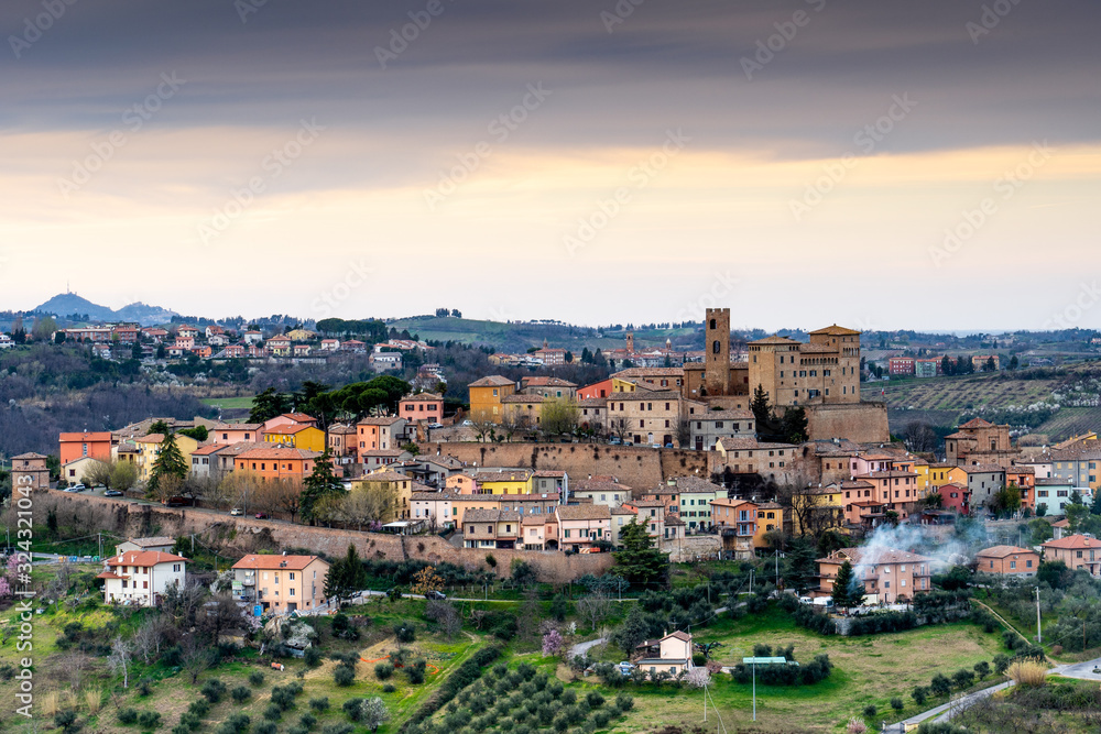Fototapeta premium Panorama of the medieval village of Longiano in the Emilia Romagna hills near Cesena in Italy, Europe.