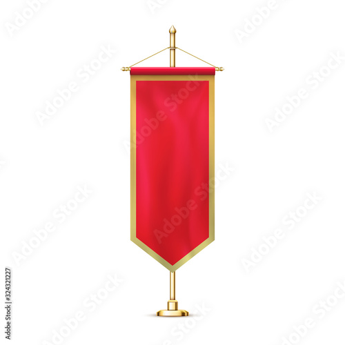Blank red pennant flag mockup banner hanging golden rack pole realistic stylish retro illustration