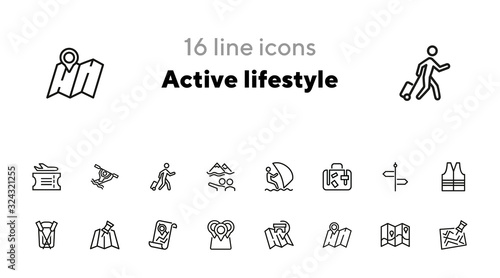 Active lifestyle line icon set. Set of line icons on white background. Boat, surfing, map. Tourism concept. Vector illustration can be used for topics like travelling, activity