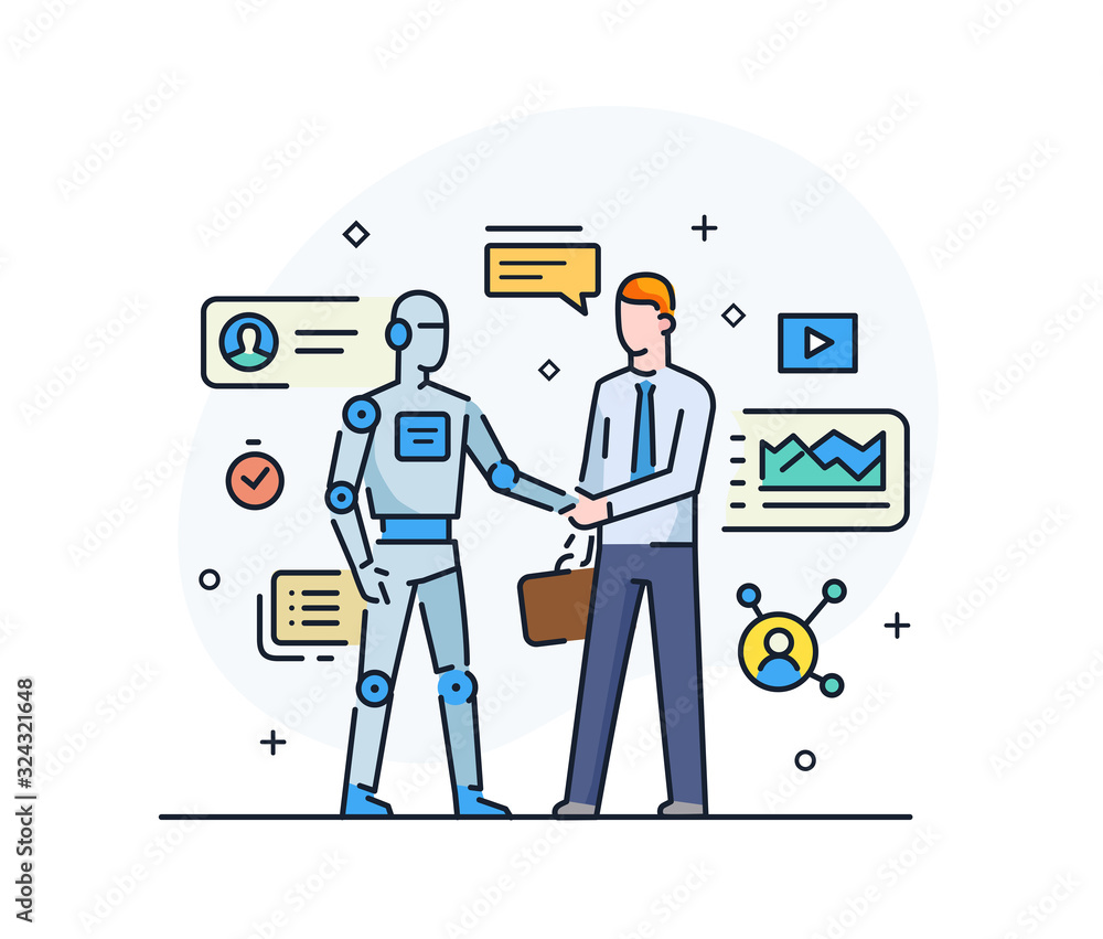 Businessmen shake hands with robot. Virtual communication smartphone. Cooperation interaction. Success, Cooperation. line icon illustration