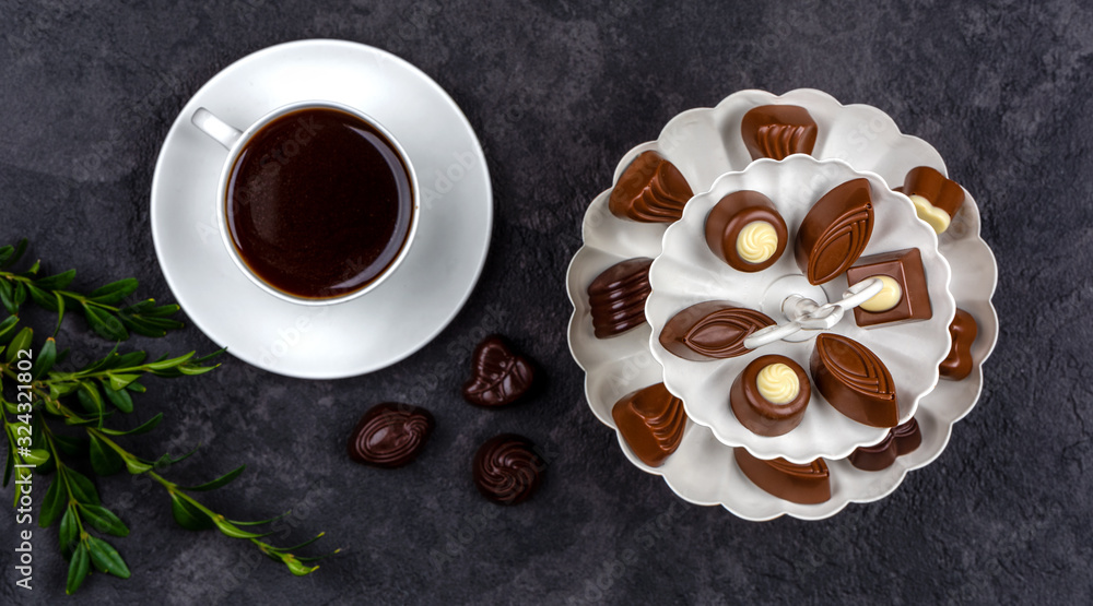 Belgian Chocolate pralines on dark background